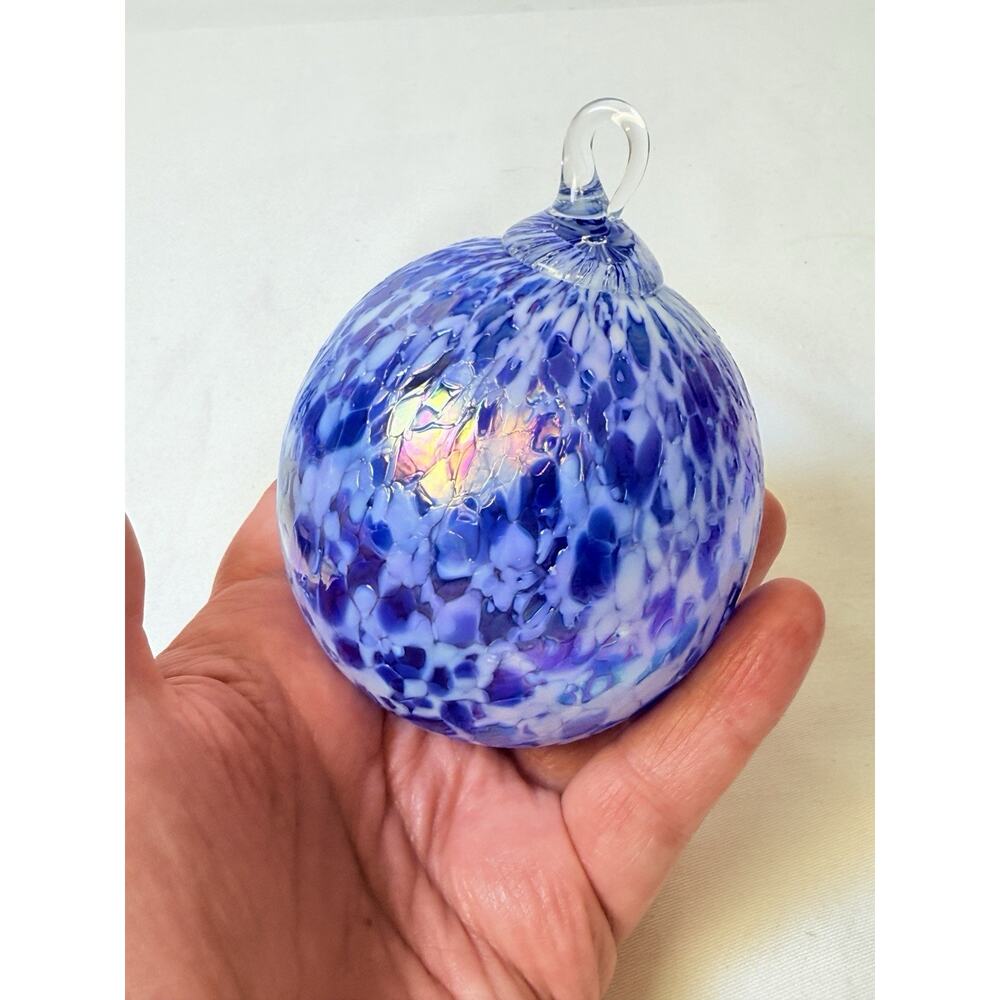 Hand Blown Iridescent Blue And White Speckled Glass Ornament - Picture 6 of 6